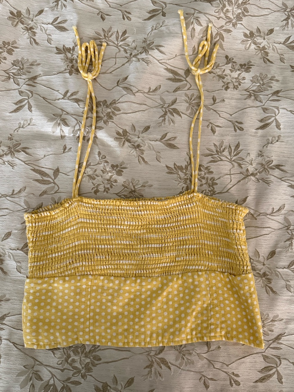 Zara Yellow Polka Dot Smocked Tie-Strap Crop Top